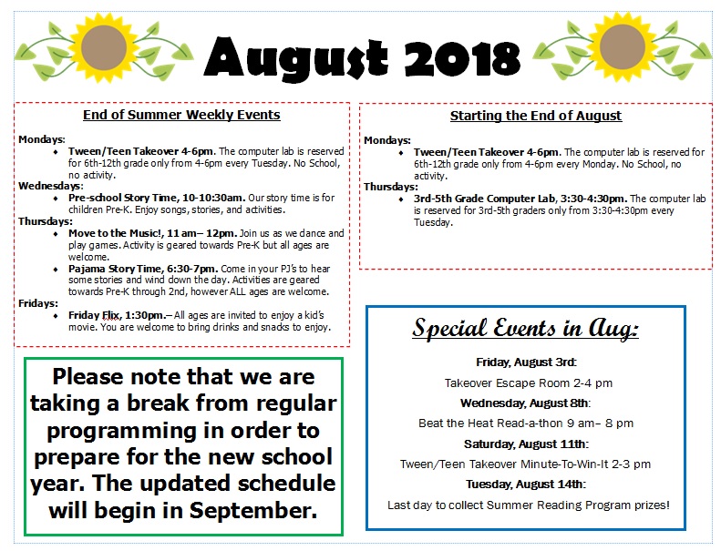 August 2018 Kids Events Ashland Public Library