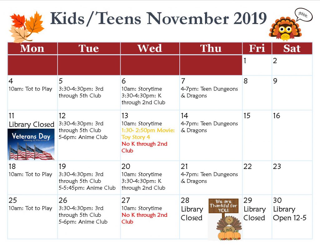 Kids/Teens November Calendar Ashland Public Library