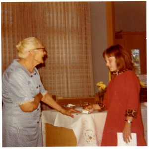 Mrs. Ben (Ethel) Martin presenting award to Diane Steffensmeier. September 1970