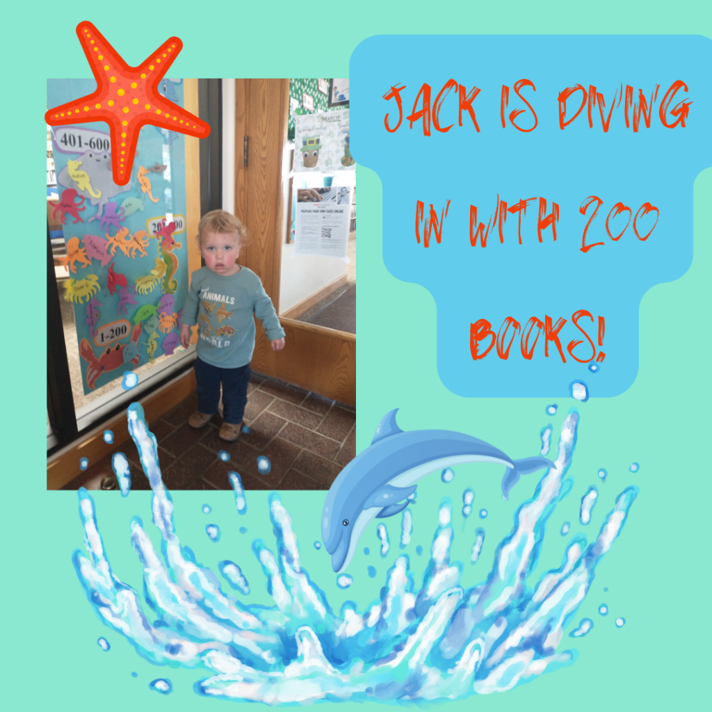 A young child stands next to a colorful reading tracker poster with sea creatures. The background features an ocean theme with a dolphin, a starfish, and a speech bubble that reads: 'JACK IS DIVING IN WITH 200 BOOKS!'