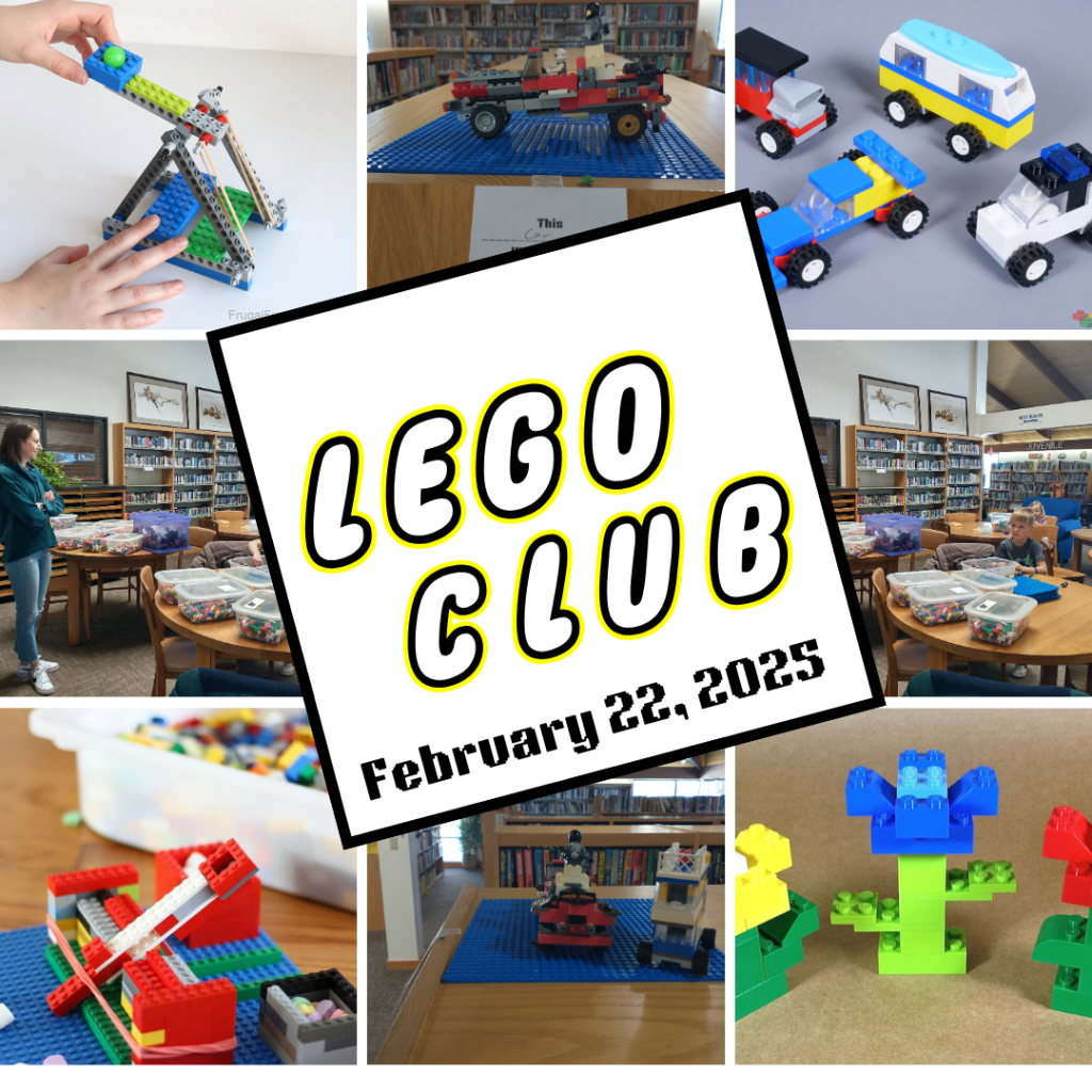 A promotional flyer for 'LEGO CLUB' featuring a collage of photos showcasing LEGO builds and participants engaging in the activity at a library. The text 'LEGO CLUB' is prominently displayed in bold, yellow-outlined letters, with 'February 22, 2025' underneath. The images include LEGO vehicles, structures, and creative designs, as well as bins of LEGO pieces in a library setting. One image shows a woman standing near tables filled with LEGO supplies, while another captures a young participant working on a build. The background features bookshelves, indicating a library setting.