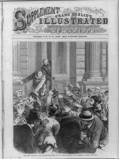 A drawing of the stock exchange closing on September 18th, 1873. It depicts two men closing the doors, with a large panicked crowd of men pushing and trying to get towards the doors of the building.